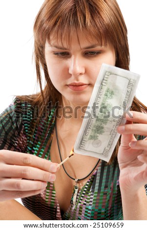 Girl burning one hundred dollar banknote