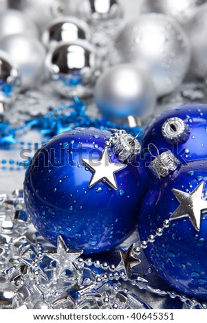 Blue and silver Christmas ball baubles with silver decoration