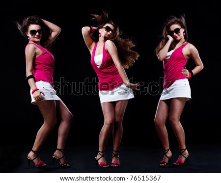 Dancing teenage girl over black background, set of three