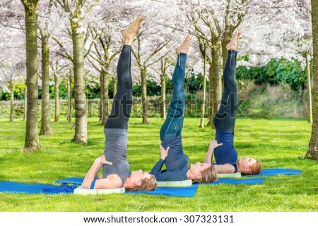 Yoga group practicing salamba sarvangasana (shoulder stand) in a blooming spring park