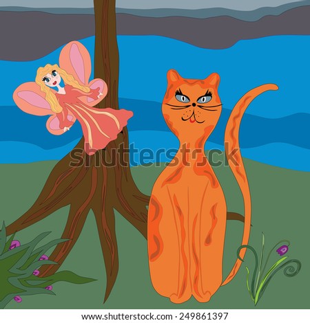 Red cat and flying fairy on nature background