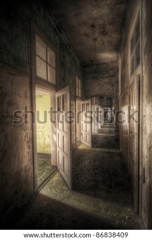 hallway with open doors in an abandoned asylum, hdr processing