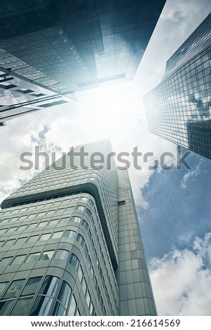 modern steel and glass office skyscrapers view from sea level, Frankfurt am Main, Germany