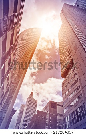 several office towers and buildings in the sun seen from below, Frankfurt am Main, Germany