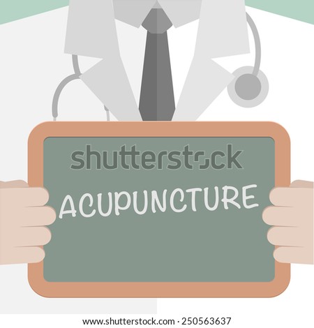 minimalistic illustration of a doctor holding a blackboard with Acupuncture text, eps10 vector