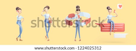 set of 3d illustrations. cartoon character is sending a message and  talking on the phone.