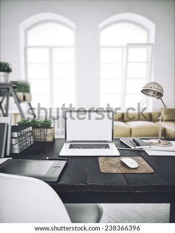Stylish workspace with computer  on home or studio