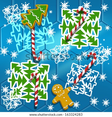 Illustration of Christmas cookies and candies on the snowflakes background