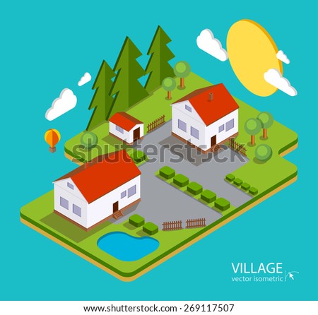 Color vector flat illustration village landscape. Houses, nature, lake, sun, trees. Summer time vacation concept. 3d isometric design