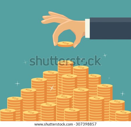 Hand put coin to money staircase. Profit. Making money. For business and finance concept.