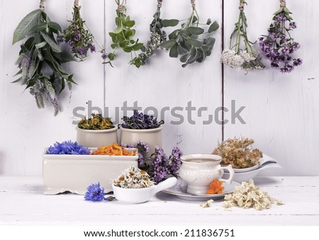 Various of herbal tea. Fresh and dried herbs, flowers on a wooden background. With retro filter effect