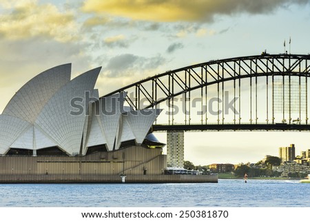 SYDNEY AUSTRALIA - February 6, 2015 : View of sunset at Sydney Opera House in Sydney, Australia.Over 10 millions tourists visit Sydney every year,making Sydney one of the world\'s tourist destinations.
