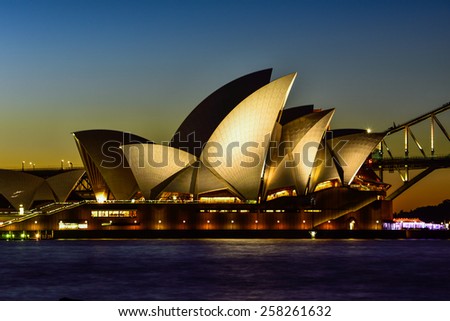 SYDNEY AUSTRALIA - March 6, 2015 : View of sunset at Sydney Opera House on March 6 in Sydney, Australia. Over 10 millions tourists visit Sydney every year