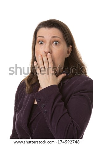 Shocked woman with her eyes wide open, isolated