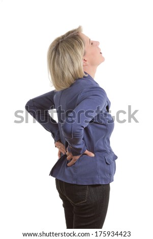 Woman with low back pain because of a pulled muscle, isolated, copy space