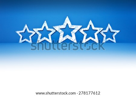 5 silver stars on blue and white background, copy space