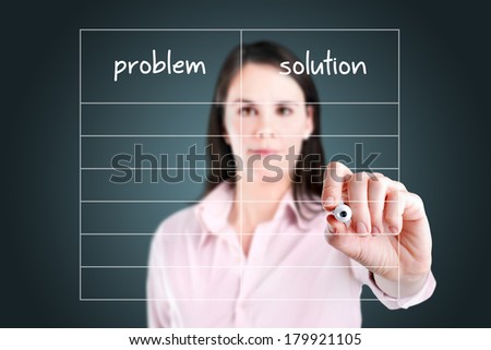 Young business woman writing problem and solution list in blank.