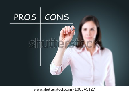 Young businesswoman holding a marker and writing pros and cons comparison concept.