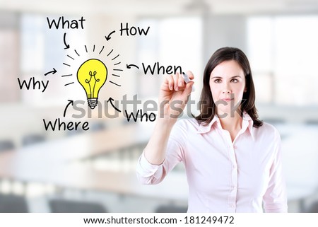 Business woman analyzing problem and find solution. Office background.