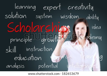 Young business woman writing scholarship concept.