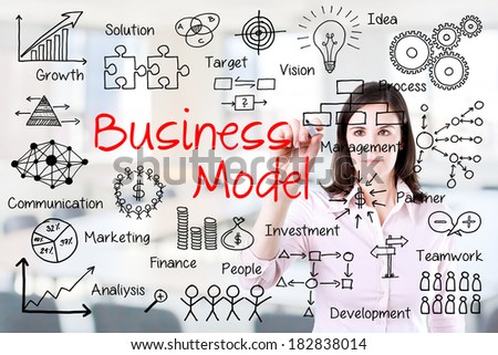 Young business women writing business model concept. Office background.