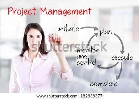 Young business woman writing project management workflow. Office background.