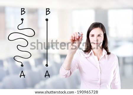 Business woman drawing a concept about the importance of finding the shortest way to move from point A to point B, or finding a simple solution to a problem. Office background.