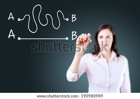 Business woman drawing a concept about the importance of finding the shortest way to move from point A to point B, or finding a simple solution to a problem.