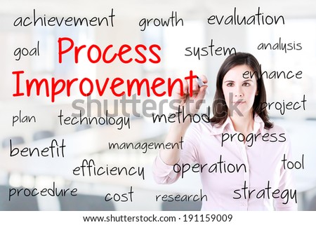 Business woman writing process improvement concept. Office background.