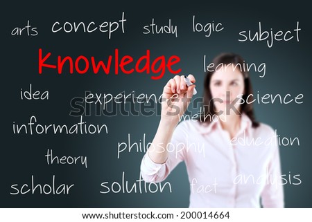 Young business woman writing knowledge concept. Blue background.