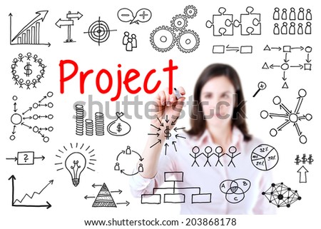 Young business woman writing project concept. Isolated on white background.
