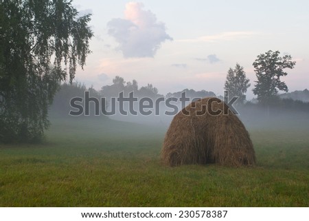 Hey stack in a foggy evening. Symbol of rural life. Beautiful and poetic nature of Baltic States, Latvia.