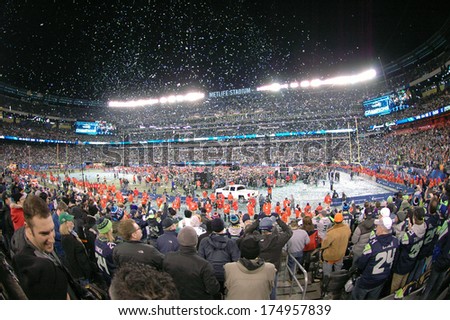 Fans at MetLife Stadium in East Rutherford New Jersey watch the Vince Lombardi Trophy presentation of Super Bowl XLVIII on Feb 2 2014 after the Seattle Seahawks defeated the Denver Broncos 43-8 Fans at MetLife Stadium in East Rutherford New Jersey watch the Vince Lombardi Trophy presentation of Super Bowl XLVIII on Feb 2 2014 after the Seattle Seahawks defeated the Denver Broncos 43-8