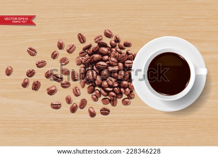 Vector coffee cup and coffee beans on wooden texture background.