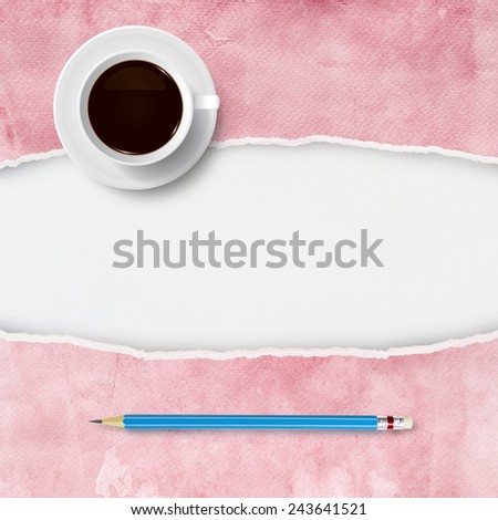 Ripped red paper texture with coffee cup and blue pencil. Abstract background for template design.