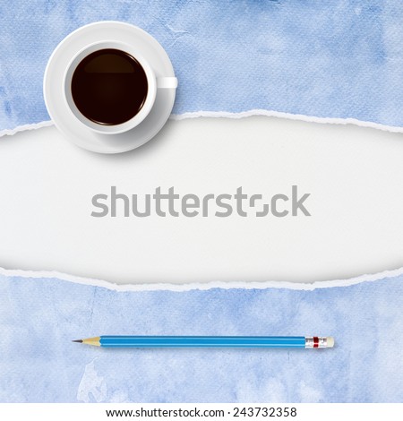 Ripped blue paper texture with coffee cup and blue pencil. Abstract background for template design.