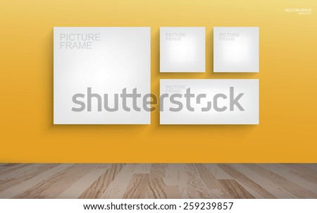 White canvas frame on yellow wall background in room space. Vector illustration.