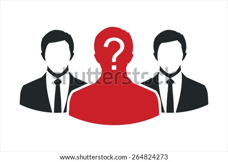 People icon and blank area for some person with question mark symbol. Group of business people with leader on foreground. Vector illustration.