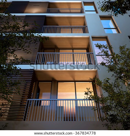 Image 3D rendering of hotel terrace or condominium terrace. Architectural construction graphic idea.