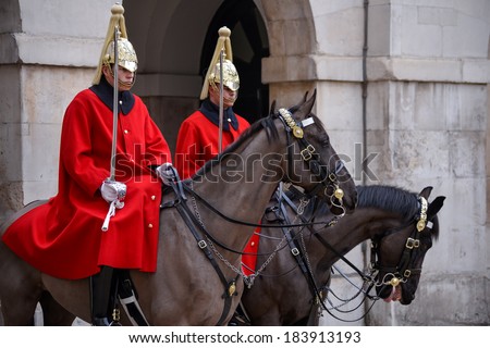 LONDON - MARCH 6 : Lifeguard of the Queens Household Cavalry on duty in London on March 6, 2013