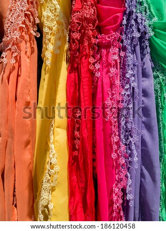 FUENGIROLA, COSTA DEL SOL/SPAIN - MAY 8 : Silk scarves on display at a market stall in Fuengirola Spain on May 8, 2012