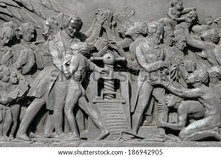STRASBOURG, FRANCE/EUROPE - JULY 17 : Stone relief depicting Wilberforce and the freedom from slavery in Strasbourg on July 17, 2007