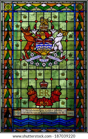 VICTORIA, VANCOUVER ISLAND/BRITISH COLUMBIA - AUGUST 12 : Stained glass window in the British Columbia Parliament building in Victoria on August 12, 2007
