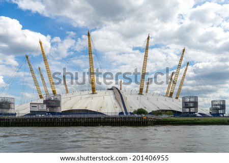 LONDON - JUNE 25 : View of the O2 building from the River Thames in London on June 25, 2014. unidentified people.