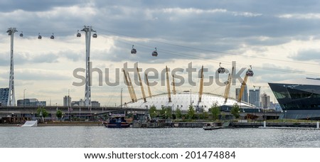 LONDON - JUNE 25 : View of the London cable car over the River Thames in London on June 25, 2014