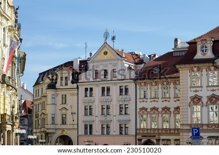 PRAGUE, CZECH REPUBLIC/EUROPE - SEPTEMBER 24 : Ornate apartment blocks in the Old Town Square in Prague on September 24, 2014