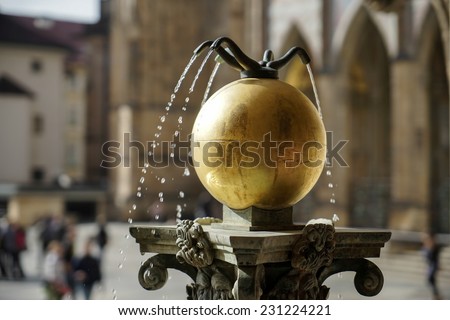 PRAGUE, CZECH REPUBLIC/EUROPE - SEPTEMBER 24 : Small fountain outside the New Royal Palace in Prague on September 24, 2014. Unidentified people.