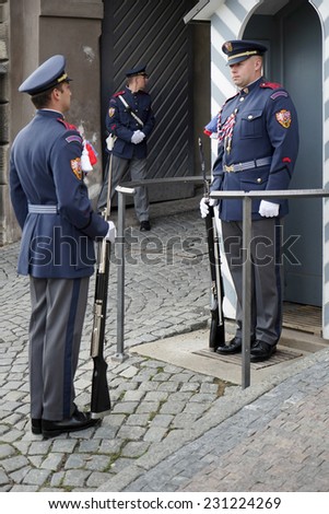 PRAGUE, CZECH REPUBLIC/EUROPE - SEPTEMBER 24 : Guard on duty at the Castle in Prague on September 24, 2014. Unidentified people.