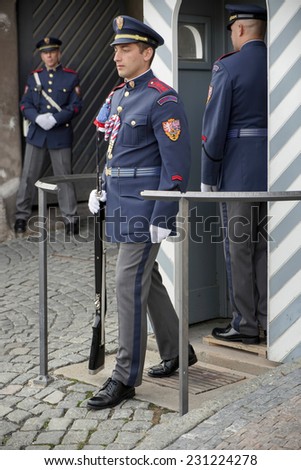 PRAGUE, CZECH REPUBLIC/EUROPE - SEPTEMBER 24 : Guard on duty at the Castle in Prague on September 24, 2014. Unidentified people.