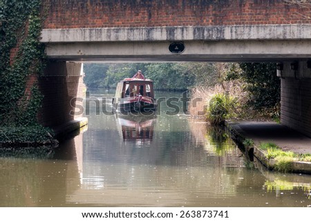 SEND, SURREY/UK - MARCH 25 : Narrow Boat on the River Wey Navigations Canal near Send in Surrey on March 25, 2015. Unidentified man.